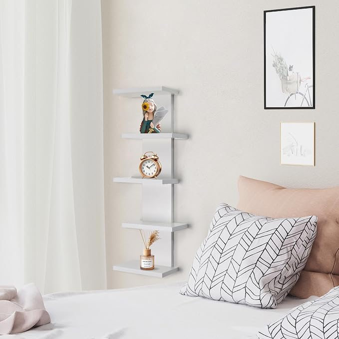 VIWODS 5 Tier Wall Shelf Unit-White Floating Shelves for Home Decor, Modern Unique Asymmetric Design for Bedroom & Living Room Storage