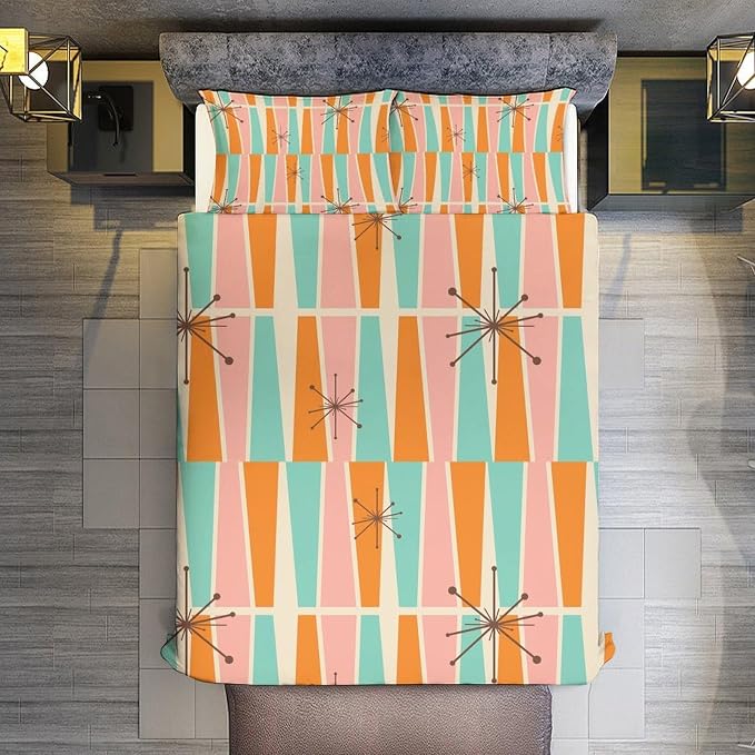 Modern Mid Century Duvet Cover Queen Retro Atomic Bedding Set, Rainbow Grid Comforter Cover Vintage Fifties 1950s Bed Set，Abstract Art Bedding 3 Piece (1 Duvet Cover 79"x90" + 2 Pillow Sham 20"x30")