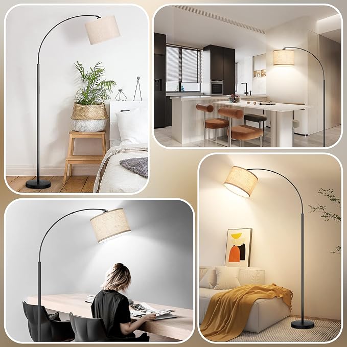 79'' Arc Floor Lamps for Living Room, Modern Standing Lamp with Adjustable Hanging Drum Shade, Black Tall Pole Lamp with Weighted Base & Edison E26 Socket, Corner Light for Reading Bedroom Office