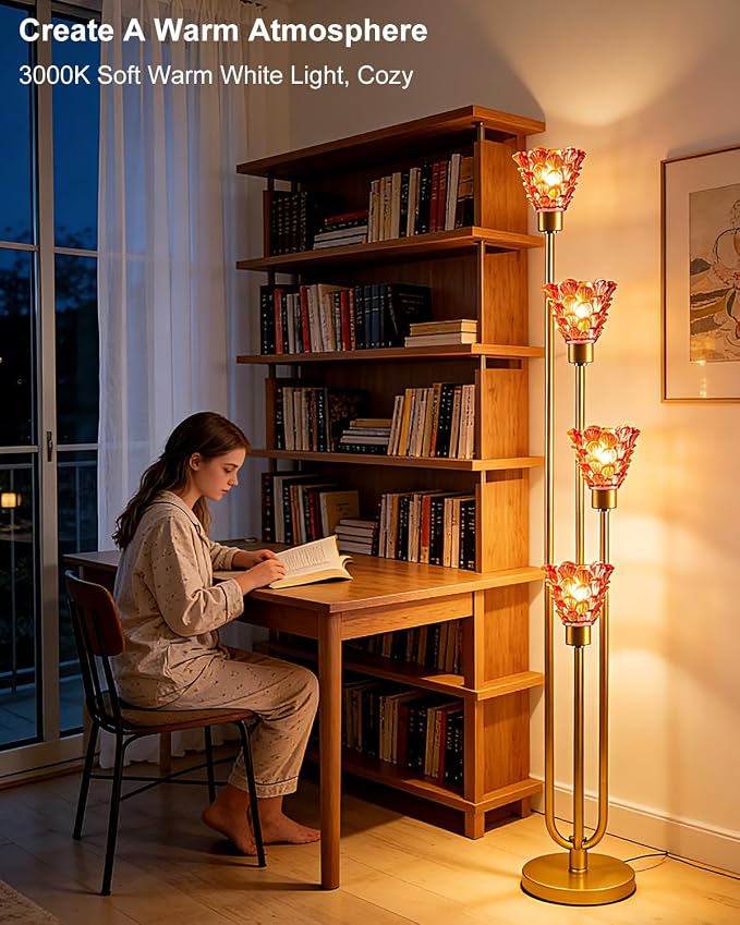 Lightdot Glass Floor Lamp Dimmable 4-Lights Gold with Deep Red Glass Shade 3000K Bulbs Included Mid Century Modern Standing Tall Lamp with 5Lbs Heavy Base for Living Room/Bedroom/Sofa Beside