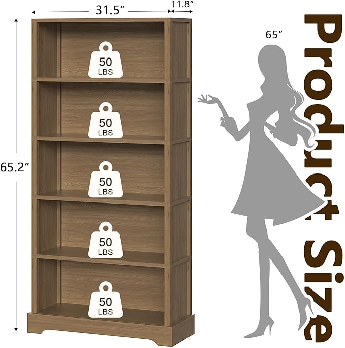 TVU 5-Tier Wooden Bookshelf, 65" Tall Farmhouse Style Open Bookcase, 31.5" W Standing Book Shelf with Storage, Suitable for Study, Living Room, Office, Teak