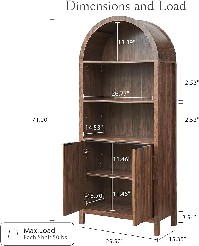 Arched Cabinet Bookshelf Bookcase - 71” Tall Mid Century Arched Display Cabinets, Rounded Bookshelf with Fluted Doors, Open Shelf Storage Cabinet for Dining Room (Walnut)