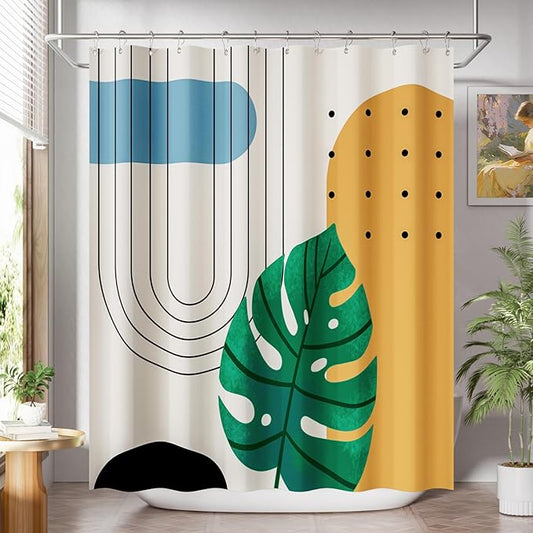 AmazerBath Boho Shower Curtain, Beige and Brown Abstract Cloth Shower Curtain with 12 Metal Hooks, Luxury Washable Farmhouse Polyester Fabric Bathroom Green Leaf Shower Curtain Set, 72x72 Inches