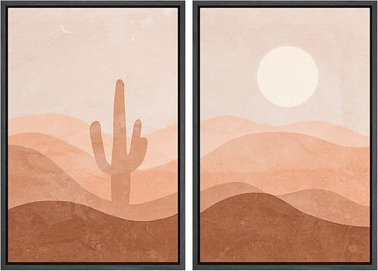 IDEA4WALL Framed Wall Art Print Set Cactus Shining Sun Desert Valley Landscape Wilderness Nature Illustrations Modern Art Boho Graphic Colorful Chic for Living Room, Bedroom, Office - 24"x36"x2 Black