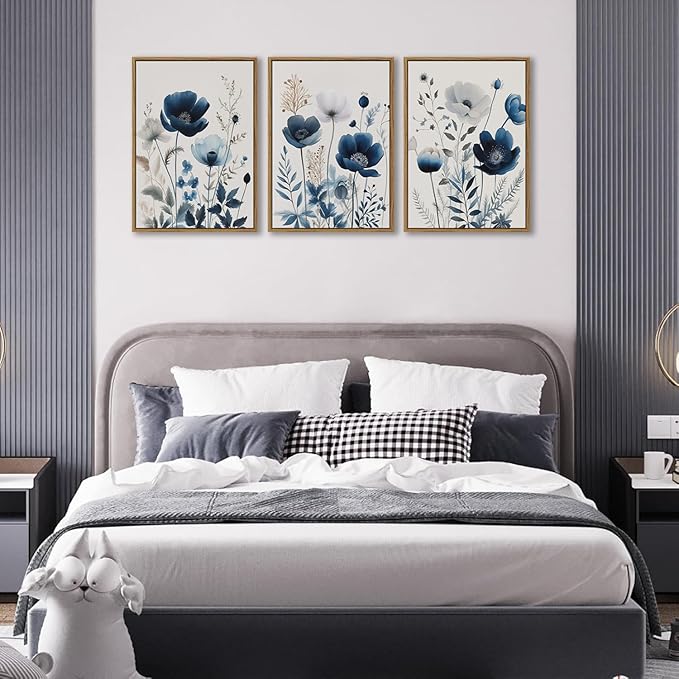 BingruiArt Navy Blue Wall Art Canvas Abstract Floral Painting Blue and Gray Posters Watercolor Flower Decor Wildflower Pictures Botanical Prints for Living Room Bedroom Bathroom 3 Pcs 16"x24" Natural Framed