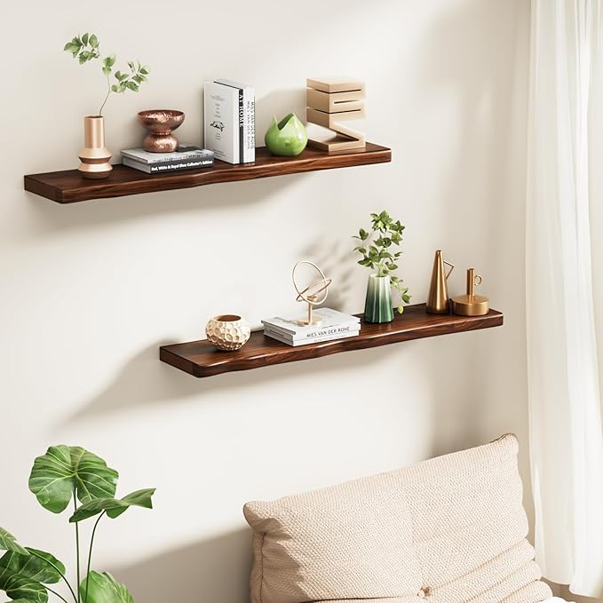 Floating Shelves for Wall Rustic Farmhouse 36 Inch Floating Shelf Bathroom Wooden Shelves for Wall Mounted Live Edge Pine Shelf with Unique Natural Grain for Living Room Bedroom Kitchen (Walnut)