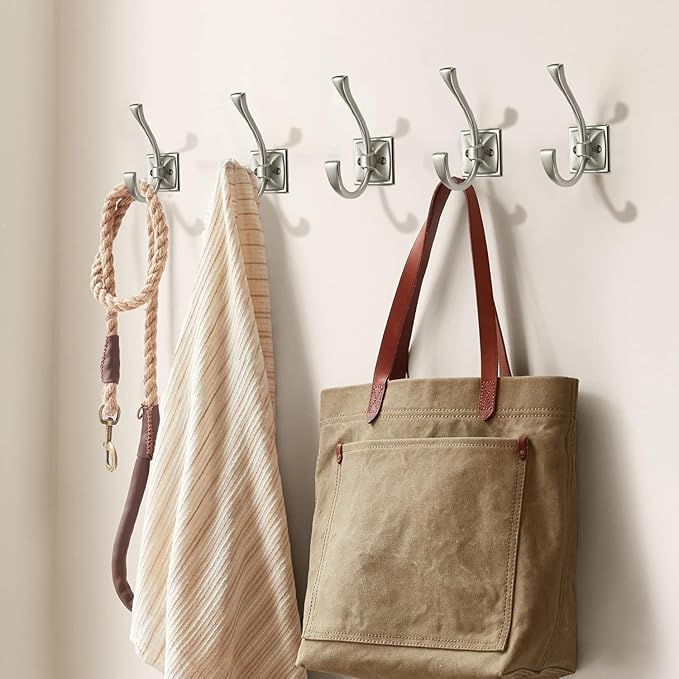 Large Wall Hooks 5 Pack Brushed Satin Nickel Coat Hooks Hardware Towel Hooks for Hanging Coats 4.35 Inch Double Robe Hooks Wall Mounted with Screws for Key, Towel, Bags, Cup, Hat