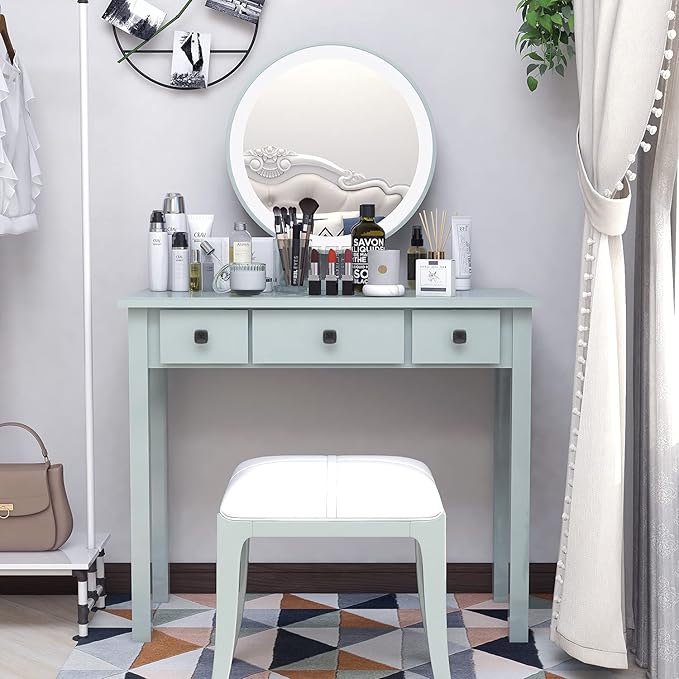 STHOUYN Home Office Small Writing Desk with Drawers Bedroom, Study Table for Adults/Student, Vanity Makeup Dressing Table Save Space Gifts Green (Light Green)