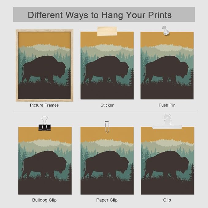 SIGNWIN Poster Bathroom Decor 11"x14"x 4, Wall Art Room Decor Multicolor for Living Room, Bedroom, Office Country Farmhouse Vibrant Bison Silhouette Nature Wilderness Animals Decorative Chic