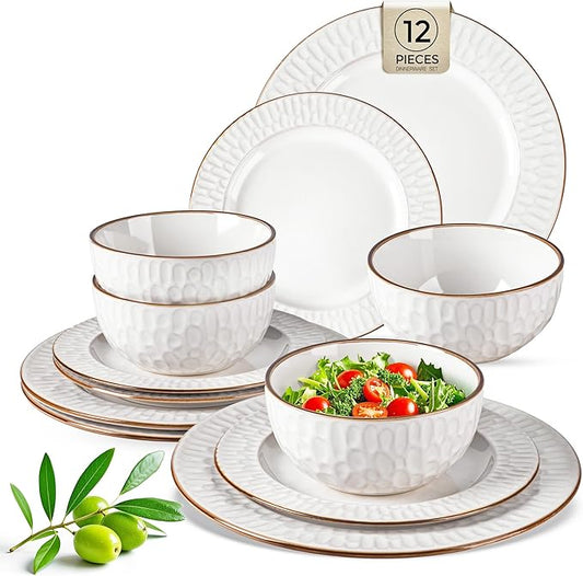 GBHOME Ceramic Dinnerware Sets,12 pcs Embossed Elegant Stoneware Plates and Bowls Sets, Housewarming Wedding Gift | Dishwasher & Microwave Safe | Dishes Set Service for 4