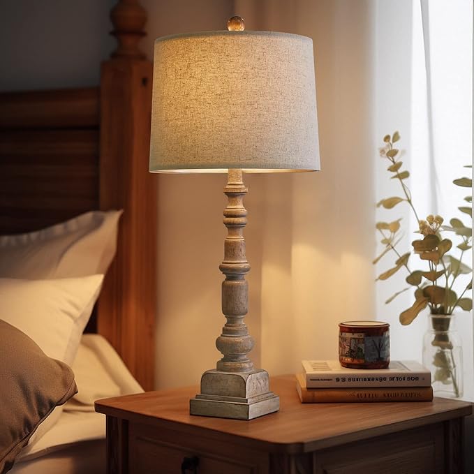 Oneach 27.75" Vintage Farmhouse USB Table Lamps Set of 2 for Living Room Bedroom Traditional Bedside Nightstand Lamp with Dual USB Port Resin Table Lamp with Rotary Switch for Living Room Bedroom