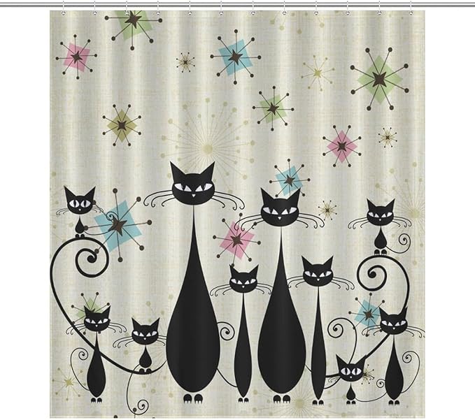 Mid Century Black Cat Shower Curtain,Retro Funny Atomic Cat Modern Abstract Geometric Iconic Pattern Bathroom Curtain Polyester Waterproof Fabric Decor 66x72in（168x183cm）