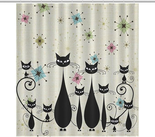 Mid Century Black Cat Shower Curtain,Retro Funny Atomic Cat Modern Abstract Geometric Iconic Pattern Bathroom Curtain Polyester Waterproof Fabric Decor 66x72in（168x183cm）