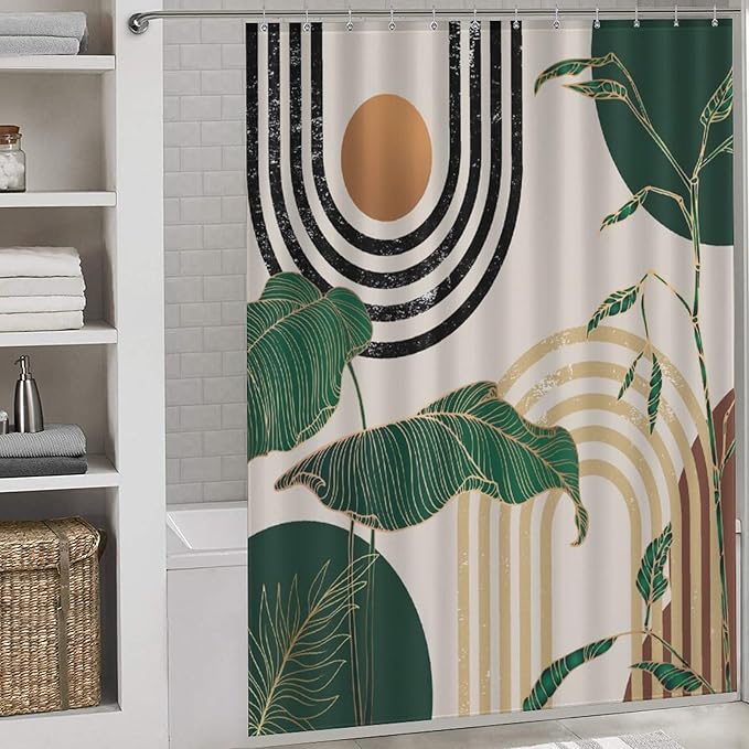 Green Boho Shower Curtain,Retro Abstract Mid Century Minimalist Tropical Modern Bathroom Curtain Polyester Waterproof Fabric Decor 66x72in（168x183cm）