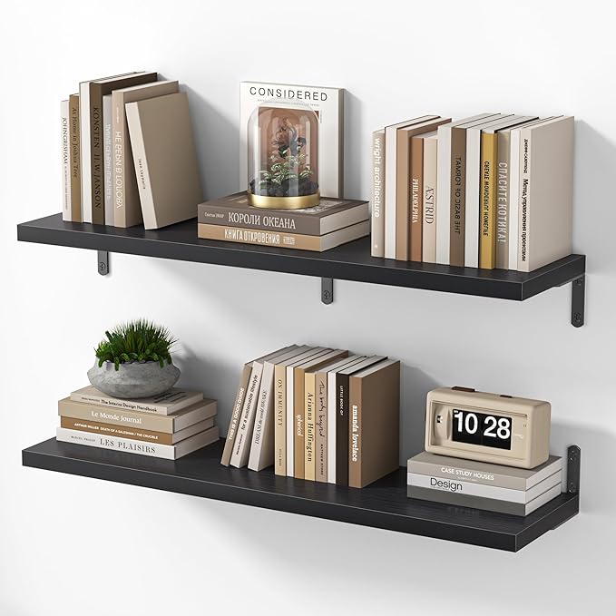 Marsmiles Extra Wide Floating Shelves for Wall, 36x8 Inch Natural Wood Grain Bookshelves, Heavy Duty Mounted Shelving for Bathroom, Kitchen, Living Room, Bedroom,Set of 2，Black