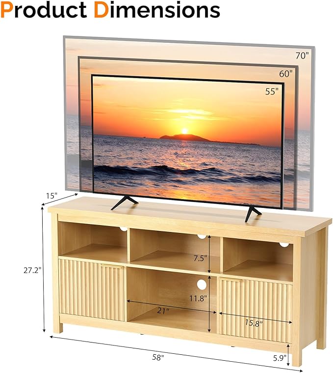 VINGLI 58" Fluted TV Stand for TVs up to 70", Modern TV Stand with Storage & Adjustable Shelves, Elegant Media Console Entertainment Center for Living Room & Bedroom, Oak