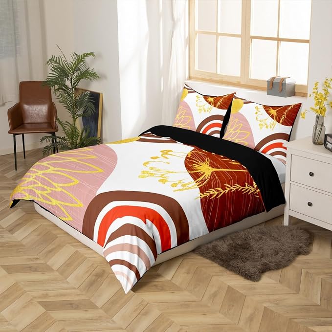 Erosebridal Mid Century Modern Duvet Cover Full Size for Kids Teens Adults - Pink Brown Abstract Comforter Cover Boho Minimalist Aesthetic Bedding Set Chic Modern Geometric Bohemian Floral Bed Set