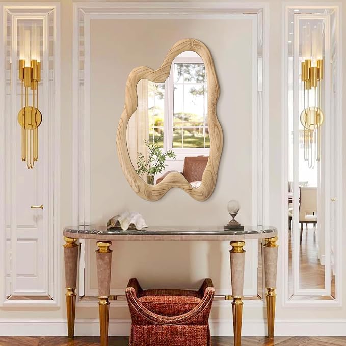 AAZZKANG Asymmetrical Wooden Wall Mirror, Rustic Irregular Wall Mount Mirror 28"x20" Vanity Mirror for Bathroom, Bedroom, Living Room, Hallway