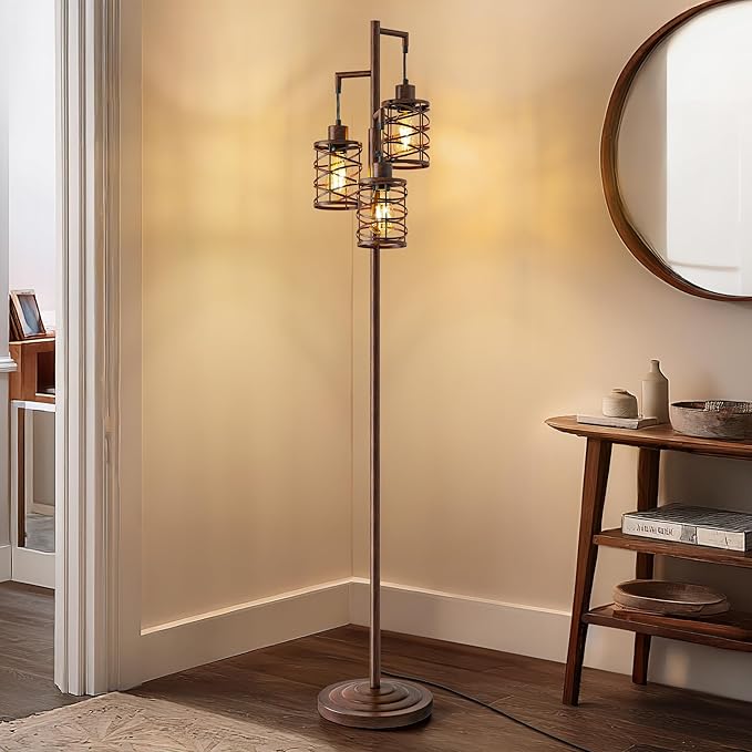 BOBOMOMO 70" Farmhouse Dimmable Floor Lamp, Walnut Brown Industrial Metal Cage Standing Lamp with 3 LED Bulbs, Stepless Dimming Tall Tree Lamp for Living Room, Bedroom, Office, Corner