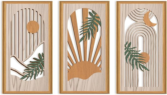 Celestdeco Boho Abstract Wood Wall Art Modern Geometric Artwork Bohemian Sun and Moon Wood Wall Decor Minimalist Line Hanging Decor for Living Room Bedroom Apartment 7.9 x15.8 Inch