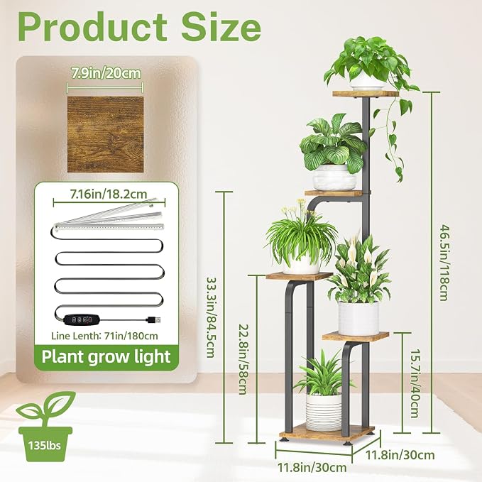 iDavosic.ly Tall Plant Stand Indoor with Grow Light, 4 Tier Corner Multiple Flower Holder Shelf with Wooden Trays, Space Saving Display Rack for Living Room Balcony Patio Porch | Black & Brown