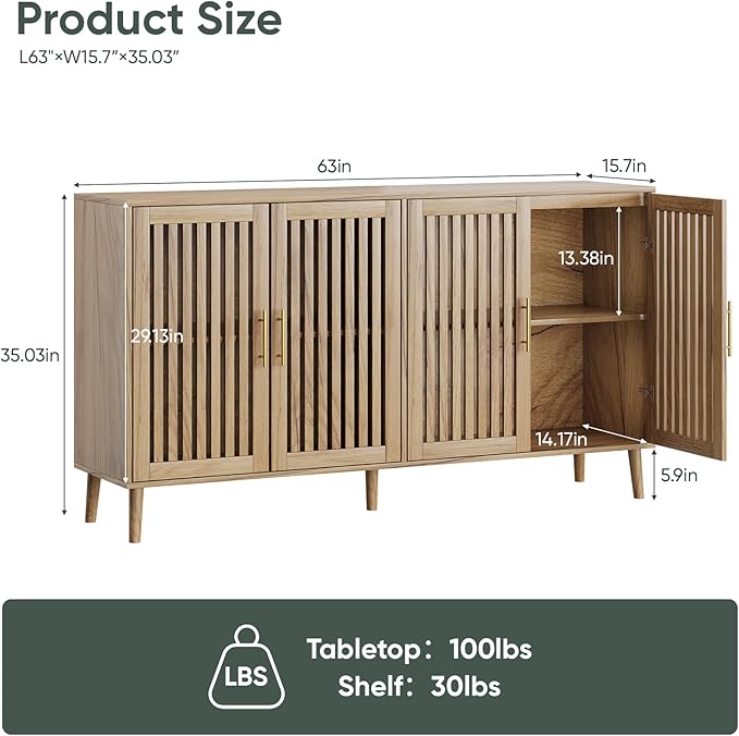 Smart FENDEE 63" Long Sideboard Buffet with 4 Slatted Doors, Farmhouse Buffet Storage Cabinet with Adjustable Shelves, Coffee Bar Cabinet for Entryway, Kitchen, Dining Room, Living Room, Natural