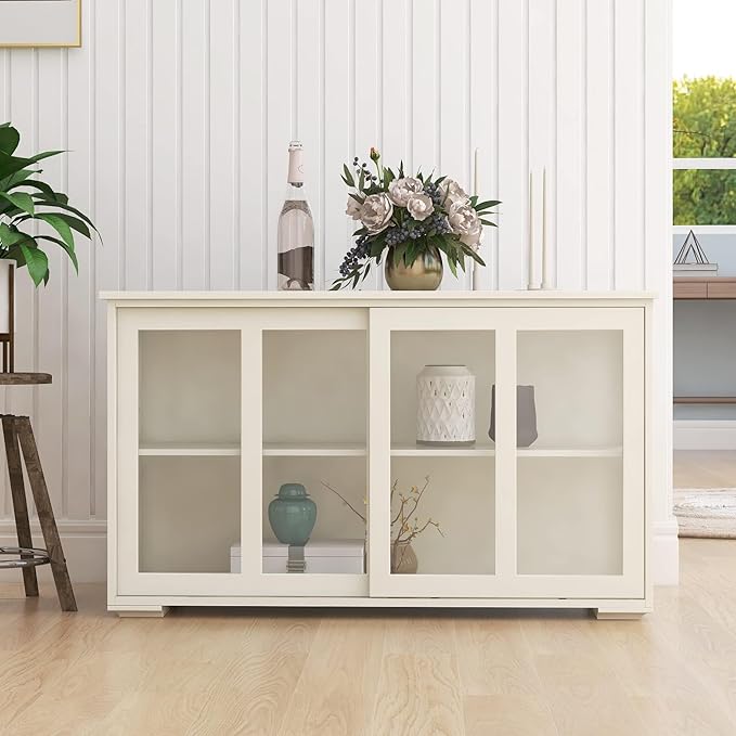 RASOO Kitchen Storage Cabinet Antique Stackable Buffet Storage Sideboard Adjustable Shelf Inside Credenza Cupboard with Transparent Glass Sliding Door (White)