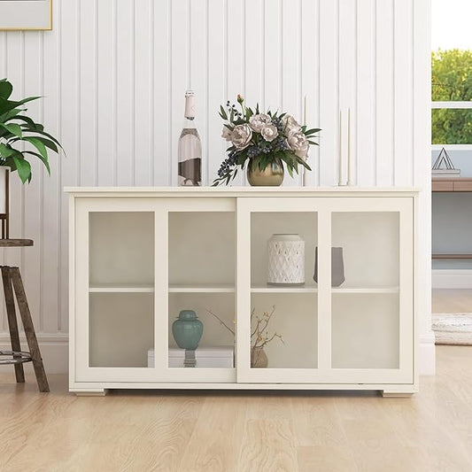 RASOO Kitchen Storage Cabinet Antique Stackable Buffet Storage Sideboard Adjustable Shelf Inside Credenza Cupboard with Transparent Glass Sliding Door (White)
