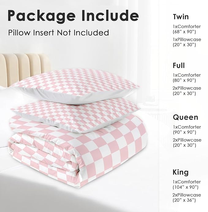 Comforter Set with 2 Pillowcases Full Size, Light Pink Checkered Plaid Girly, Bed Decor Retro Cute Gingham Checkerboard Geometric for Kids and Adults, Soft Cozy Bedroom Bedding Set