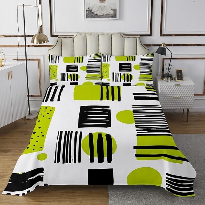 Erosebridal Geometric Stripe Circle Square Bedspread Queen Size Modern Mid Century Quilt Set, Hippie Minimalist Coverlet Set Fifties Retro Old Fashion Bedding Set, Black Green White Bed Cover