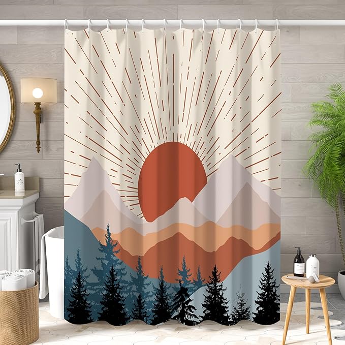 Mid Century Boho Shower Curtain for Bathroom Abstract Sunset Geometric Mountain Forest Aesthetic Shower Curtains Set Bohemian Minimalist Bathroom Decor Waterproof Fabric 72x72 inch