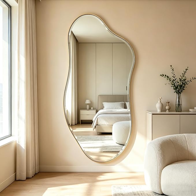 POZINO Large Irregular Beveled Mirror, 63"x31.5" Asymmetrical Wall Mirror with Gold Metal Frame, Organic Shaped Mirrors for Living Room Bedroom Bathroom Hallway Entryway, Horizontal/Vertical