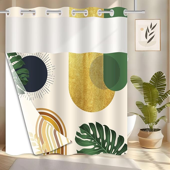 Bohemian Style No Hook Shower Curtain,Black and Green Plants Sun Geometric,Modern High end Hotel,Mid Century with High Visibility Window,White Lining is Detachable,71x74 inches
