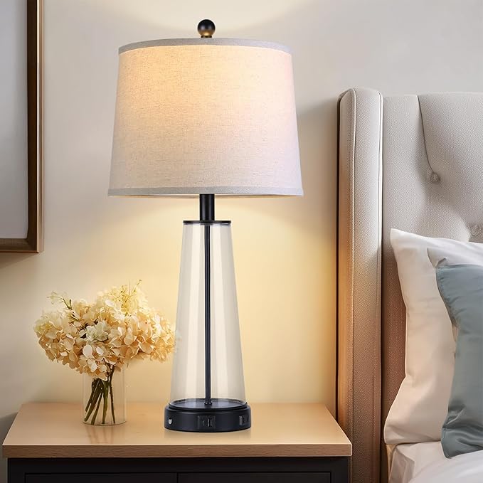 26" Glass Table Lamp Set of 2 with USB C+A Ports and AC Outlet, 3 Way Touch Modern Bedside Lamps for Night Stands, Black Nightstand Lamps for Bedroom Living Room