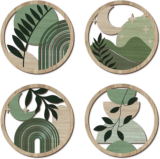 TOARTi 4PCS Green Botanical Wooden Wall Art Bohemian Hanging Art Farmhouse Geometric Wooden Wall Decor Aesthetic Plants Artwork Boho Minimalist Wall Decor for Bedroom Living Room