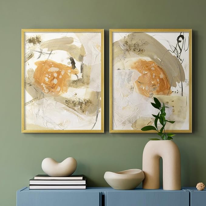 Renditions Gallery Set of 2 Peel & Stick Framed Prints, Neutral Abstract Wall Art, Earthy Tones Blended Brushstrokes Wall Decor, Re-Stickable - Ready to Hang - 22"x28" - GOLD Frame LT588