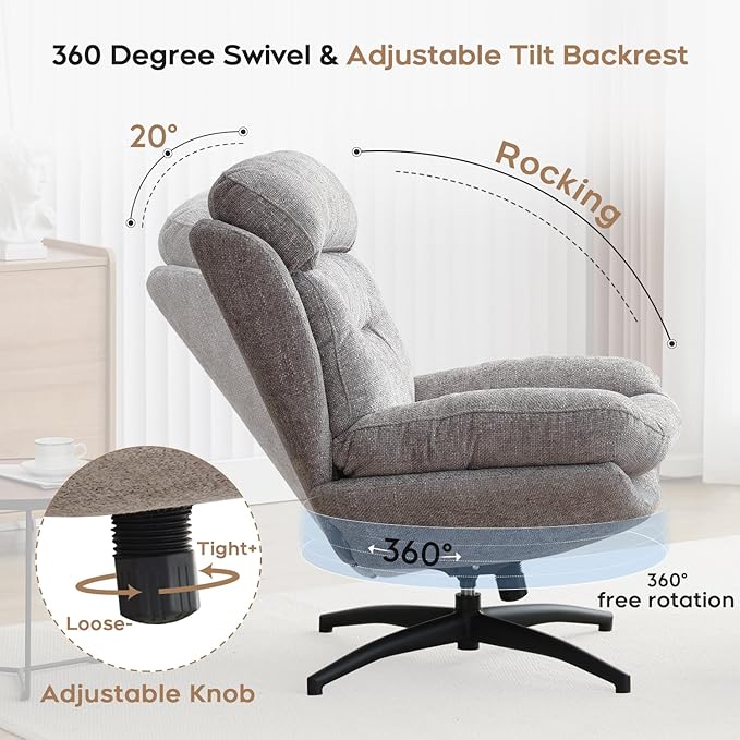 Swivel Accent Chair with Ottoman Set for Living Room, Chenille Comfy Reading Chair with High Back, TV Lounge Chair with 360 Degree Swiveling, Tilting for Bedroom, Modern Armchair with Footrest, Grey