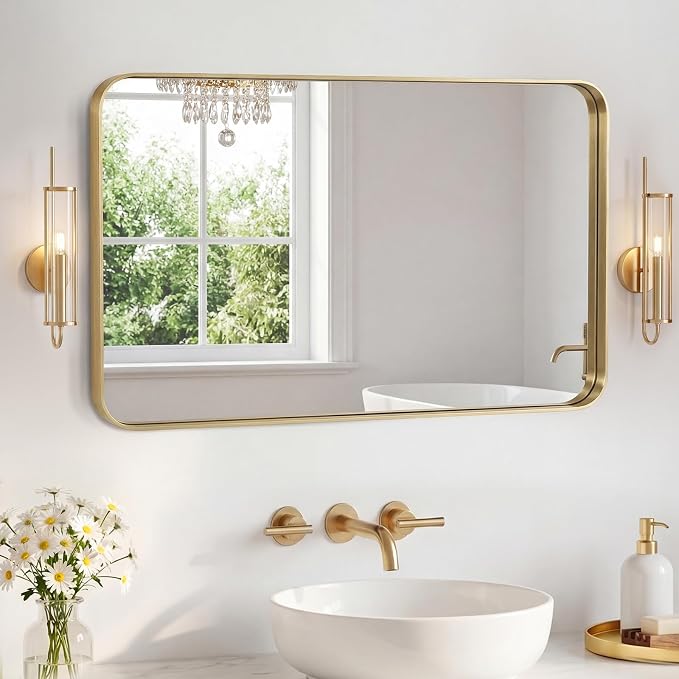 NEWBULIG 24X36 Inch Bathroom Mirror for Over Sink, Wall Vanity Mirrors Tempered Glass, Anti-Rust Metal Framed Rounded Rectangle, Hangs Horizontally or Vertically, Farmhouse Home Decor, Gold