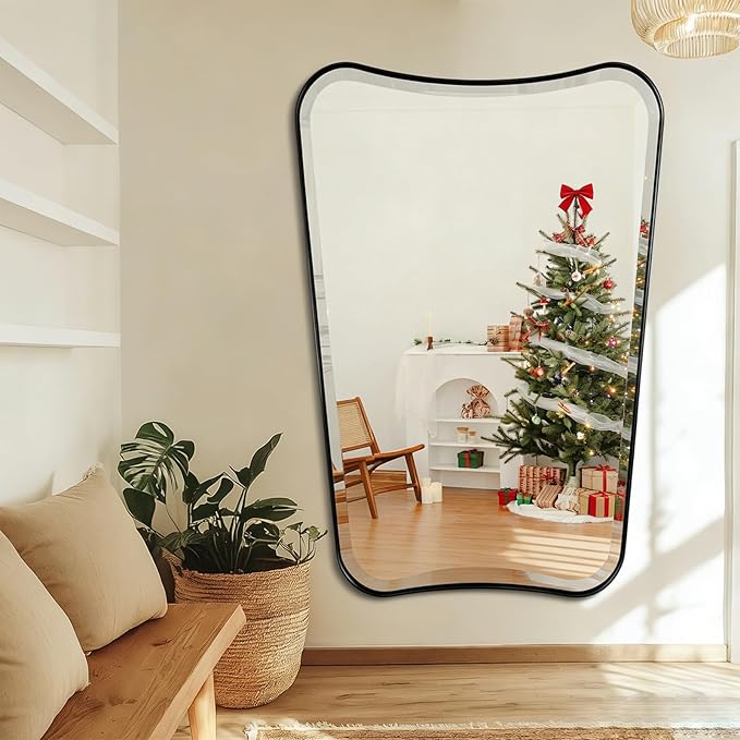 POZINO Matte Black Beveled Mirror, 24"x40" Bathroom Vanity Mirrors for Over Sink, Irregular Shaped Mirrors Decorative, Modern Rectangle Wall Mirror for Living Room Bedroom Fireplace Entryway