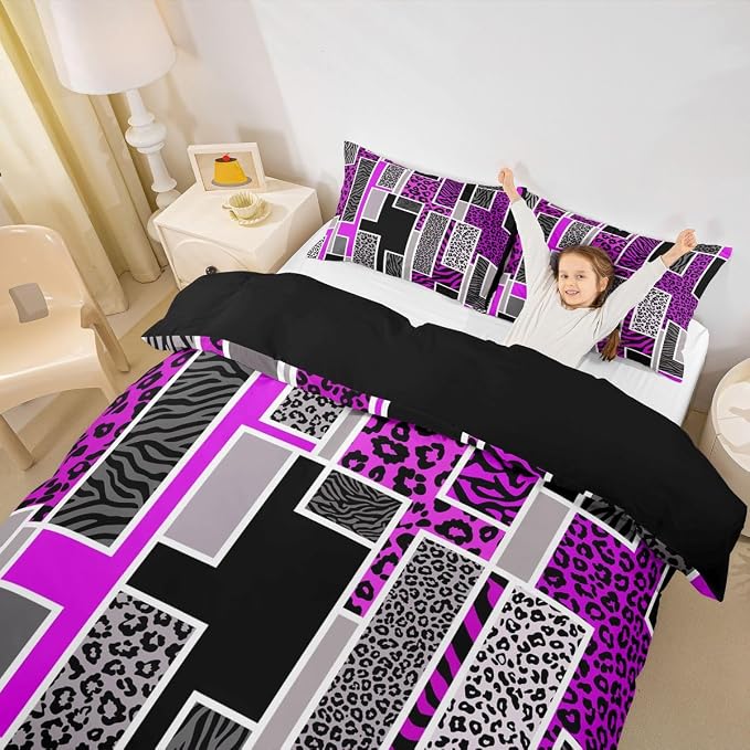 Erosebridal Leopard Print Bedding Set King Cheetah Zebra Stripes Fur Print Duvet Cover Violet Geometric Square Patchwork Comforter Cover for Kids Teen Adults,Rustic Wild Animals Skin Texture Bed Set