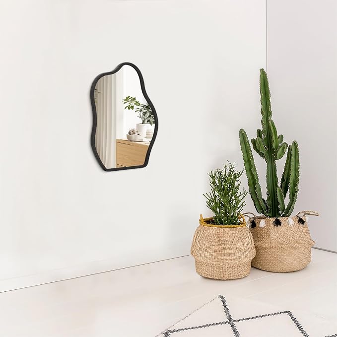 Modern Asymmetrical Mirror Unique Irregular Wooden Framed Mirror for Wall Hanging Mirrors Artistic Cloud Shape Wall Mirror Decor Bathroom Bedroom Living Room Entryway Hallway Small