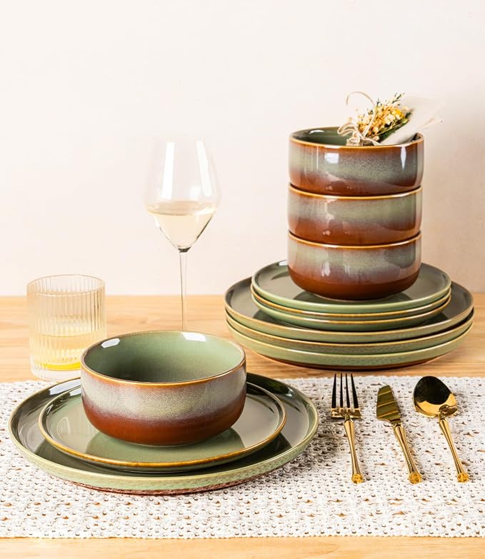 TheTerra Ceramic Dinnerware Sets for 8, 24 Pieces Handmade Reactive Glaze Plates and Bowls Set, Scratch Resistant Dish Set, Oven & Microwave & Dishwasher Safe, Sage Umber