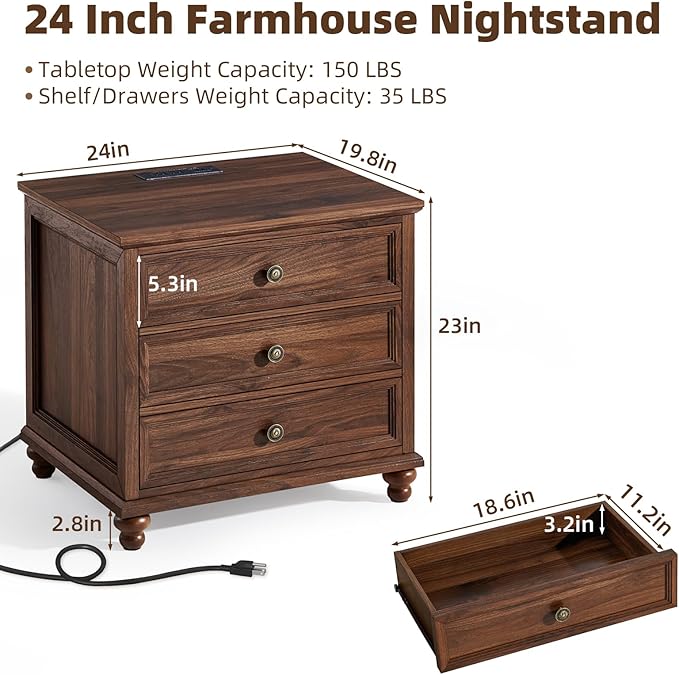 Farmhouse Nightstand with Charging Station, 24" Wide End Table with 3 Drawers,Wood Dresser Cabinet for Bedroom, Bed Side Table Chest of Drawers,Night Stand for Living Room, Closet,Brown