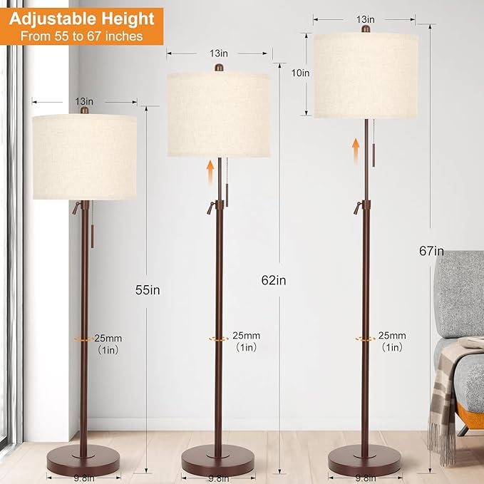 Qingmiao Metal Brown Floor Lamp for Living Room, Adjustable Height Standing Lamp, Pole Light for Bedroom, with Linen Shade and Metal Base, Pull Chain Switch, 3-Way 8W LED Bulb Included