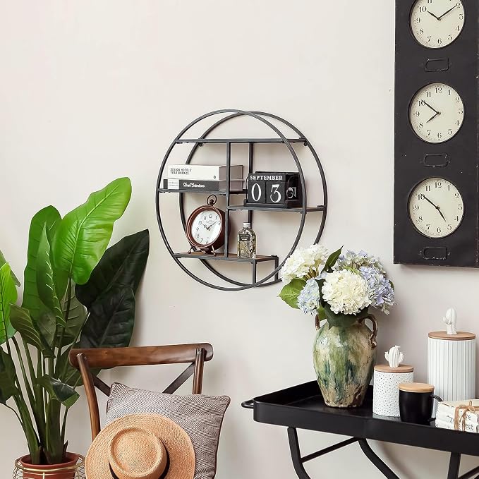 Industrial Style Round Wall Shelves, 3 Tier Decorative Floating Ledge Shelves, Wall Mounted Metal Bracket Wooden Display Hanging Shelf