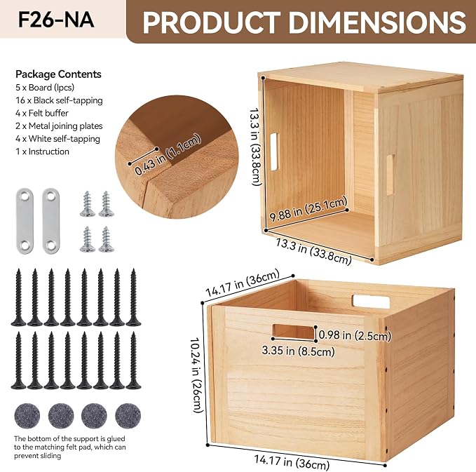 KIRIGEN Stackable Wood Storage Cube, Modular Open Cubby Bin with Handles for Books, Toys, Clothes, Closet, Bedroom, Pantry, and Home Office, Assembly Required, 14.17 x 14.17 x 10.31 Inch, F26-NA