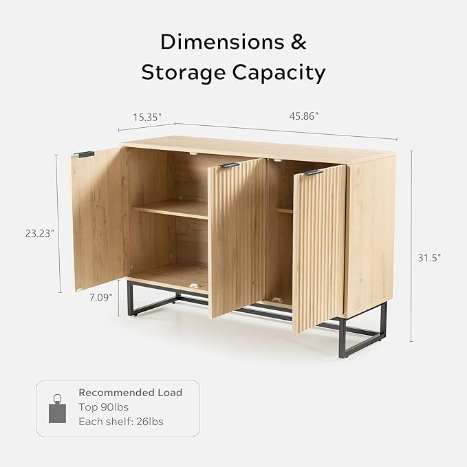 Fluted Storage Cabinet with 3 Doors, Sideboard Buffet Cabinets Adjustable Shelves, Credenza Console Table Cabinets for Living Room, Light Oak