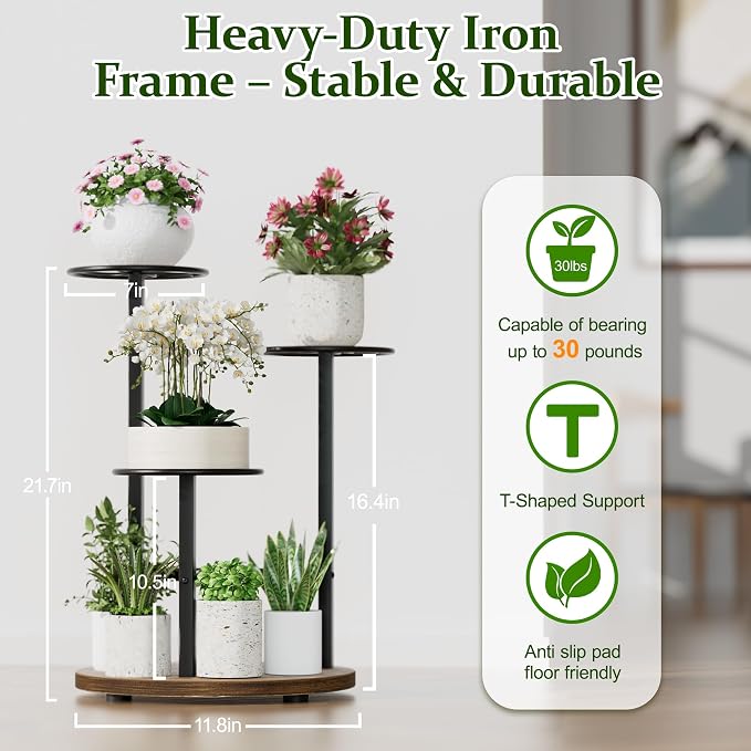 3 Tier Plant Stand Indoor Outdoor,Tiered Plant Stands,Wood Plant Shelf for Multiple Plants, Wrought Iron Flower Stand, Tall Plant Rack Shelf for House Patio Garden - BlackKite