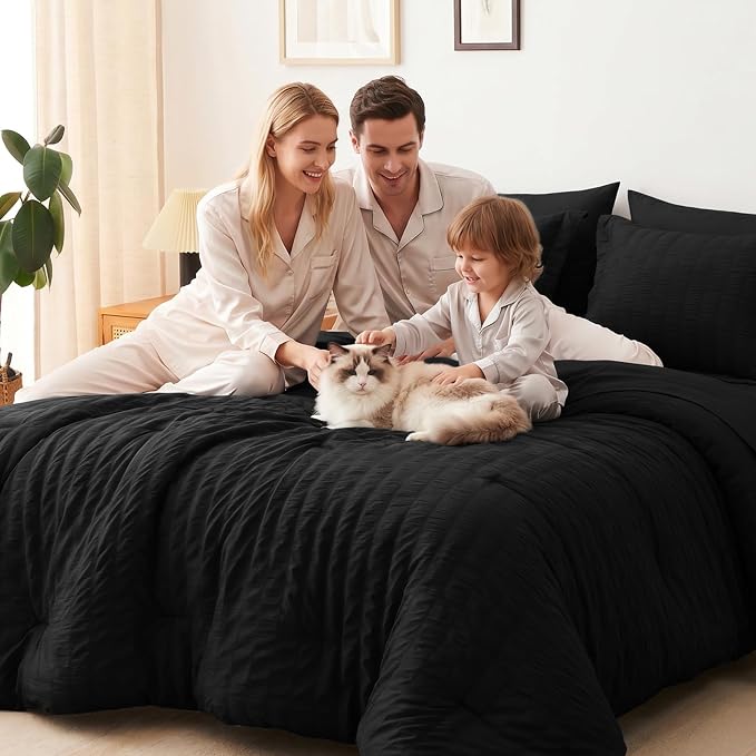 CozyLux Queen Comforter Set Black, 7 Pieces Seersucker Textured Luxury Bed in a Bag Queen, All Seasons Soft Bedding Sets with Down Alternative Comforter, Sheets, Pillowcases & Shams, Home Gift