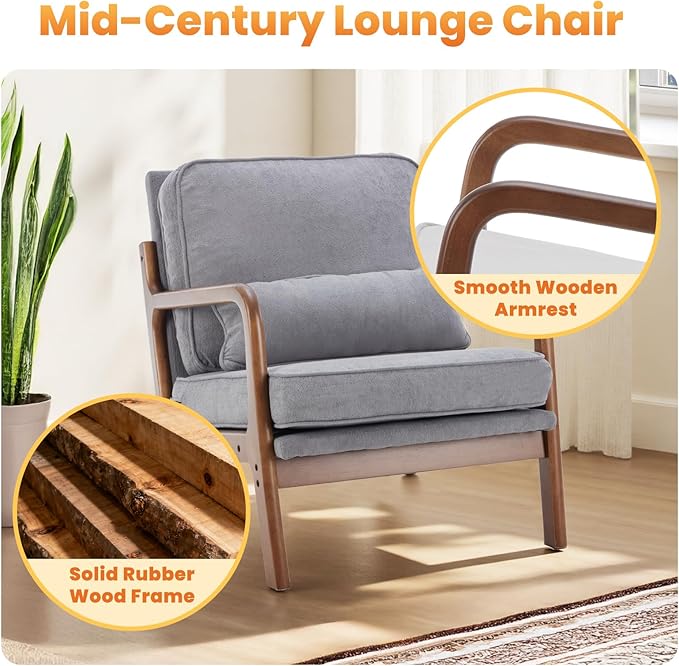 DUMOS Accent Chair Mid Century Modern Chair with Arms and Waist Cushion, Reading Chairs for Adults with Solid Frame, Lounge Side Sitting Armchair for Living Room, Bedroom, Balcony, Light Grey
